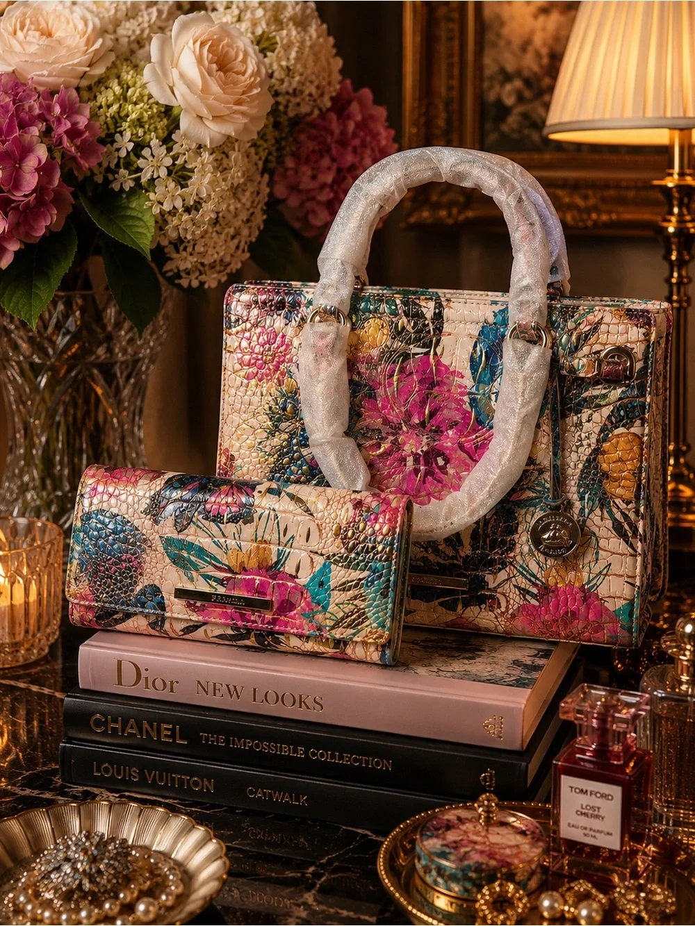 Brahmin Melbourne Croc Embossed Multicolor Floral Satchel and Wallet Set